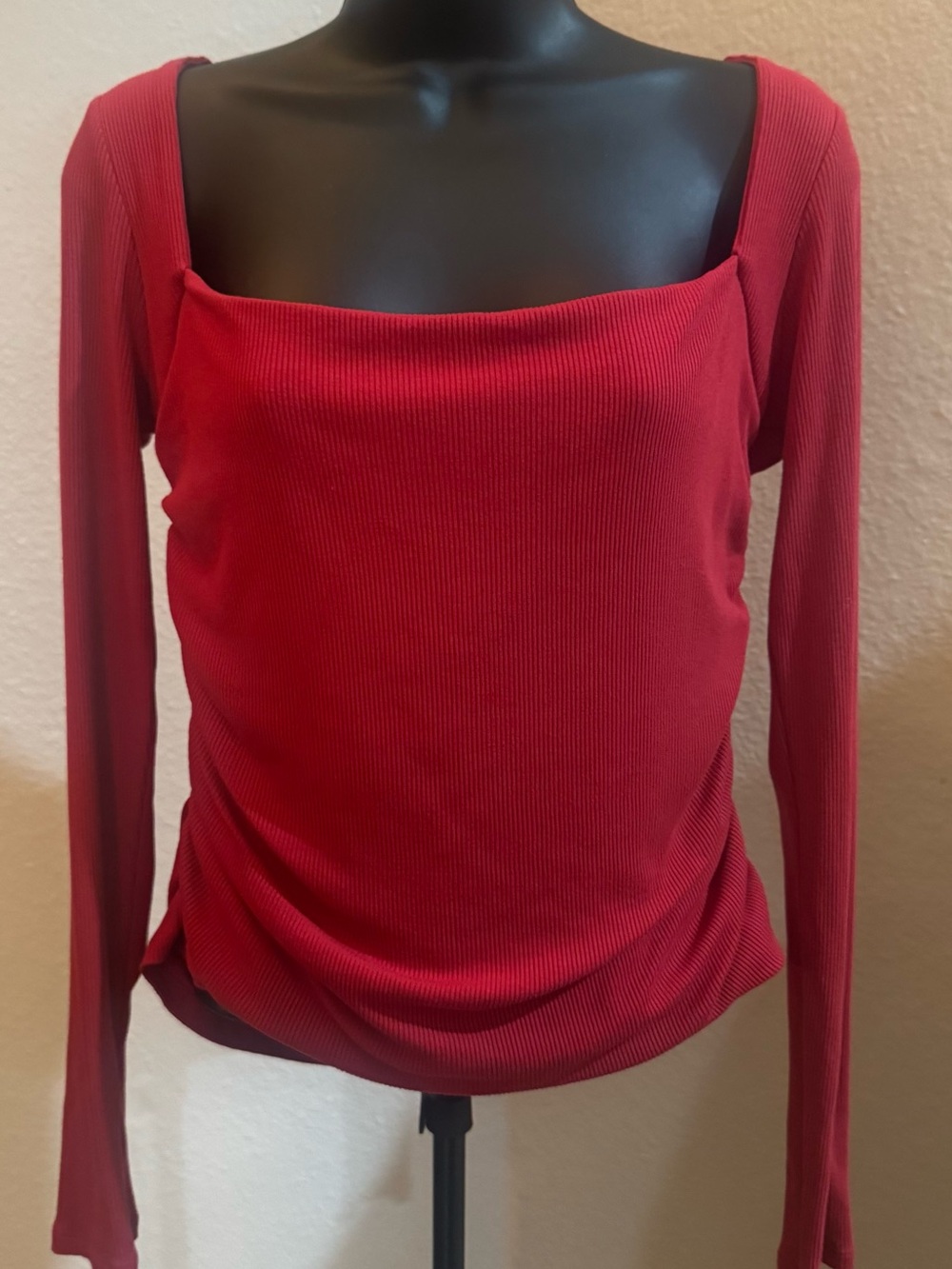Elodie Red Square Neck Ribbed Long Sleeve Top